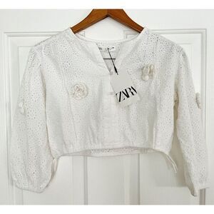 NWT! Zara White Eyelet Lace Crochet Floral Crop Top Blouse Shirt Girls Sz‎ 9